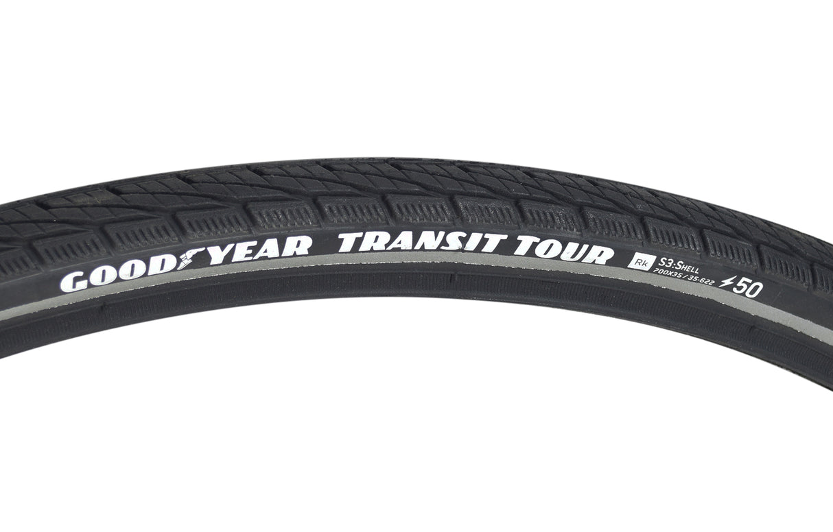 700x35 Reflective Transit Tour S3 Bicycle Tire close-up showing white text on the sidewall, with visible tread pattern and reflective sidewall striping designed for all-weather traction and enhanced visibility.