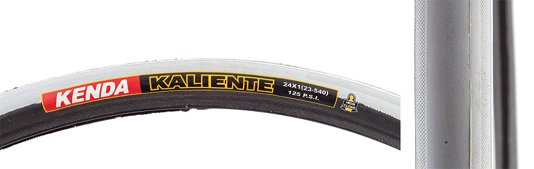 Close-up of the 24x1 Kenda Kaliente Tire for Cambered Sport Wheelchairs, showcasing the tire's tread pattern and wire bead design, ideal for sporting chairs with 15° camber wheels.