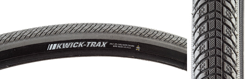 Close-up of the 24x1 Kenda Kwick Trax Tire for Sport Wheelchairs, showcasing its smooth tread with light siping and micro-textured knurling, designed for improved grip and speed.