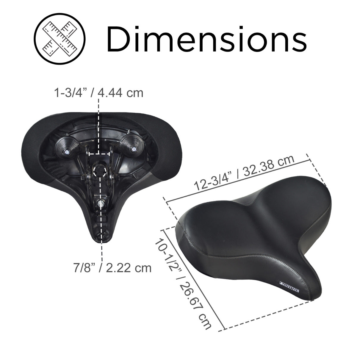 Oversized Extra Wide Cruiser Saddle Seat for Bikes & Scooters shown with detailed measurements for enhanced comfort, ideal for beach cruisers, exercise bikes, and adult trikes with a standard 7/8 seat post.