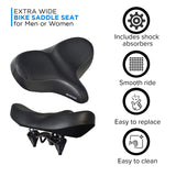 Oversized Extra Wide Cruiser Saddle Seat for Bikes & Scooters, showcasing a black, cushioned design ideal for beach cruisers, stationary bikes, and adult trikes with a standard 7/8 seat post.