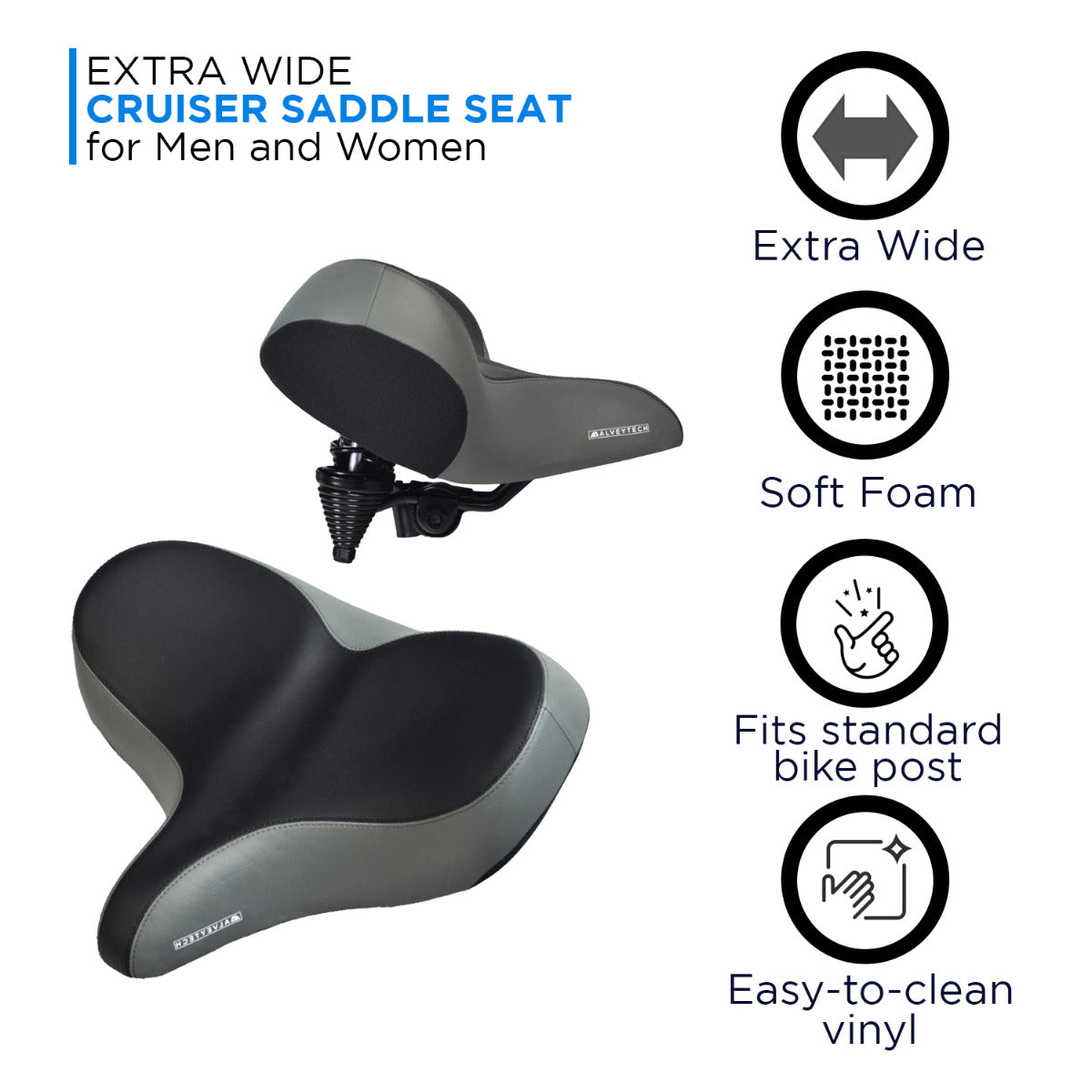 Oversized Extra Wide Cruiser Saddle Seat for Bikes & Scooters featuring a black and grey design, shown with installation instructions and close-up logos. Ideal for beach cruisers, exercise bikes, and adult trikes.