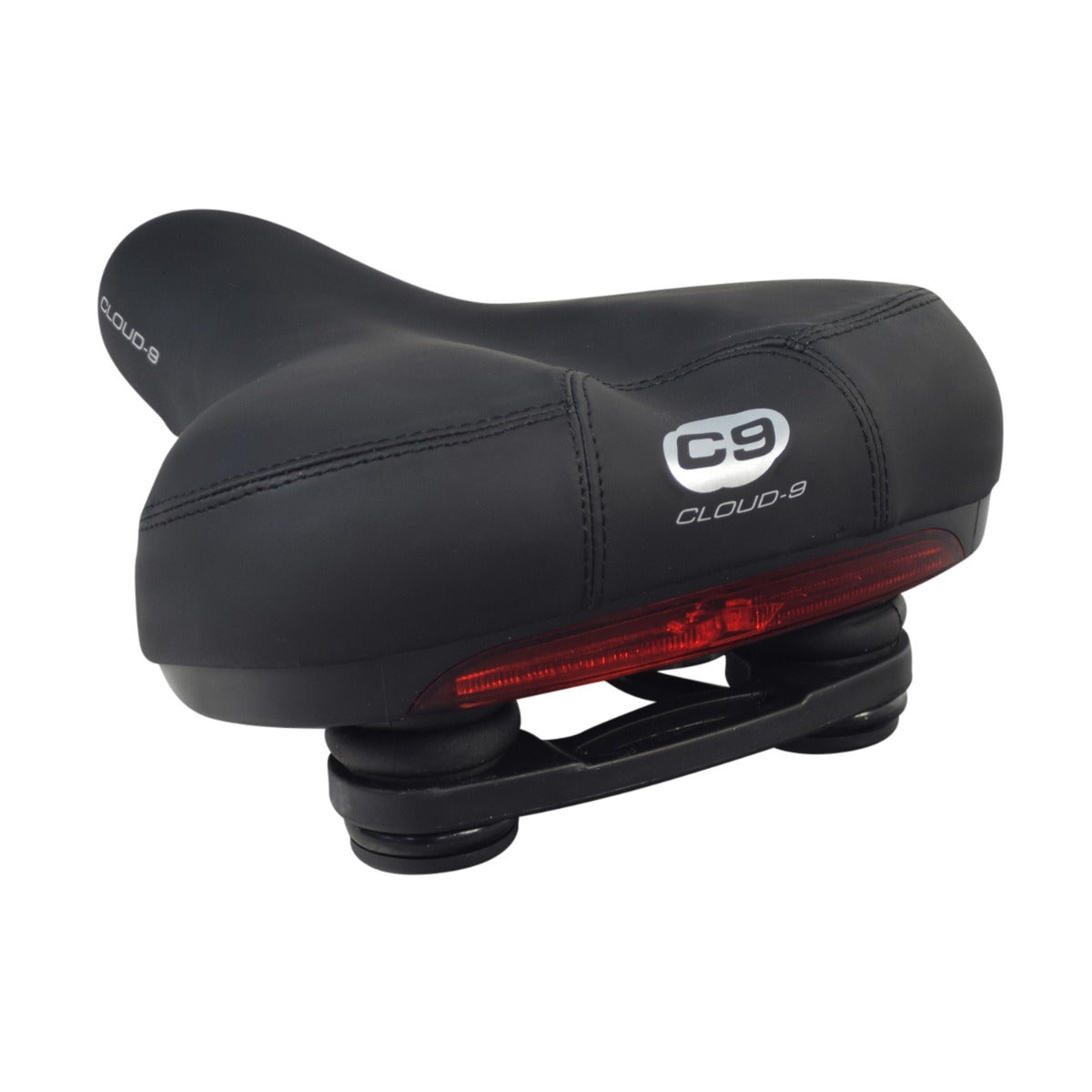 Saddle Seat with Comfort Light-Bar by Cloud-9, featuring a black cushion with an integrated red light bar for enhanced safety, and multi-stage foam for extended comfort on any bicycle.