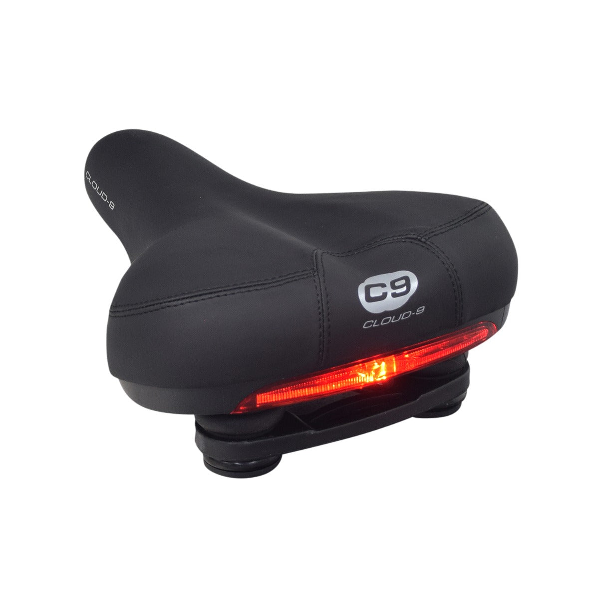 Black Saddle Seat with Comfort Light-Bar by Cloud-9, featuring multi-stage foam and anatomic relief. Integrated rear red light bar for enhanced visibility and safety. Suitable for electric and pedal-powered bicycles.