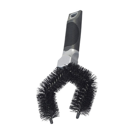 Easy Clean Tire Brush with stiff, black bristles and a silver handle, designed for effective cleaning of muddy or gravel-covered tires.