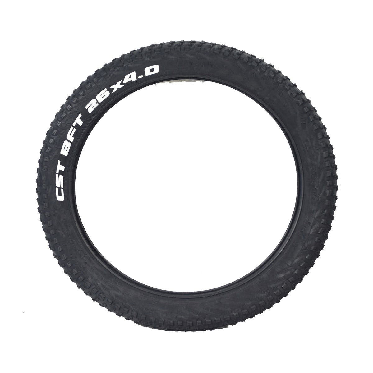 26x4.0 CST BFT Knobby Fat Bike Tire with bold white text on the sidewall, featuring a defined directional tread pattern ideal for off-road conditions like mud, snow, and sand.