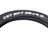 26x4.0 CST BFT Knobby Fat Bike Tire featuring a wide, low-pressure design with a directional tread pattern, ideal for dirt trails, mud, snow, and sand, ensuring minimal trail damage.