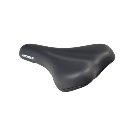 Seat for the ANCHEER 26 350W Electric Mountain Bike (Original) - A black padded vinyl bicycle seat with steel mounting rails and shallow anatomical relief.