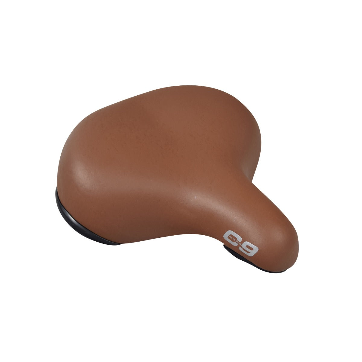 Cloud-9 Support XL Saddle Seat (Brown) featuring a smooth, comfortable design with elastomer springs and multi-stage foam padding, shown with a black handle and partial logo on a white background.