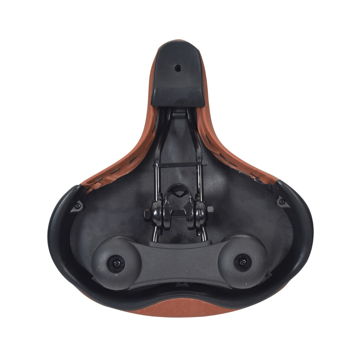 Cloud-9 Support XL Saddle Seat (Brown) with black elastomer springs and multi-stage foam padding, designed for comfort and water resistance, shown in a close-up view highlighting its smooth upholstery and supportive structure.