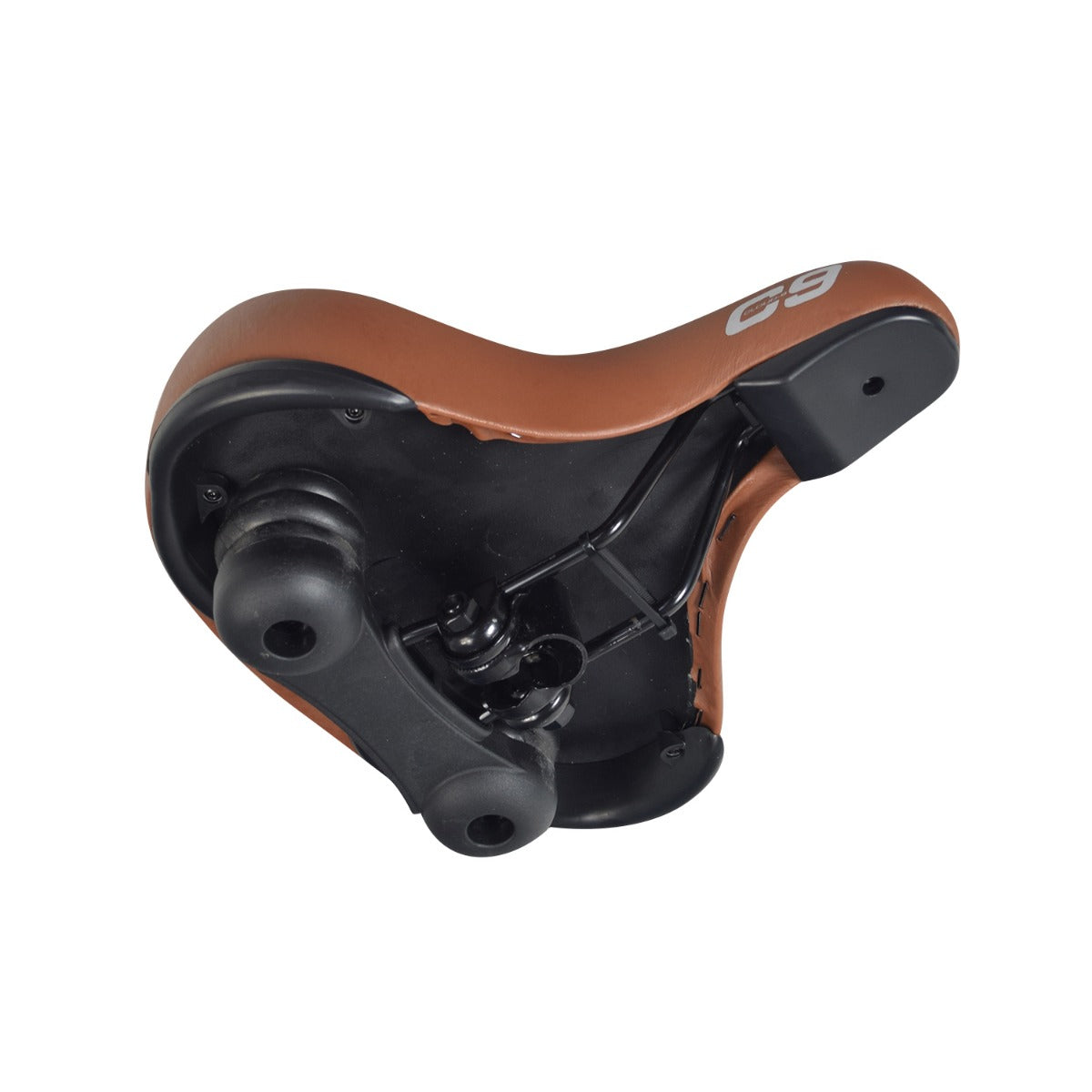 Cloud-9 Support XL Saddle Seat (Brown) featuring a comfortable design with elastomer springs and multi-stage foam padding, shown in close-up displaying its smooth and light brown upholstery.