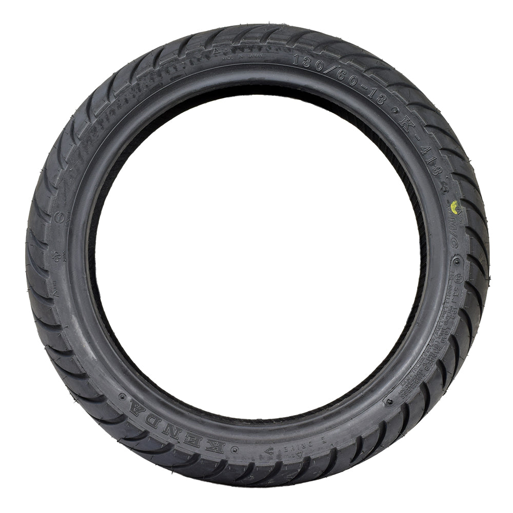 Kenda 130/60-13 performance tire with K413 tread, designed for the TaoTao Lancer 150 scooter, featuring a black tire with detailed tread pattern for enhanced performance.