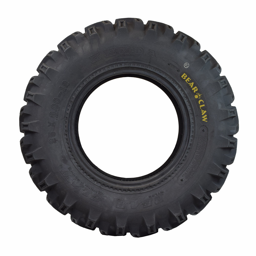 25x8.00-12 BearClaw ATV Tire with K299 Tread, showcasing aggressive tread design for maximum traction, special tear and snag resistant material, ideal for Baja ATVs and Go-Karts.