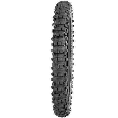 Close-up of the Kenda 2.50-17 (70/100-17) Trakmaster II Dirt Bike Tire with K760 Tread, highlighting its deep tread pattern and robust sidewall construction for enhanced cornering and performance.