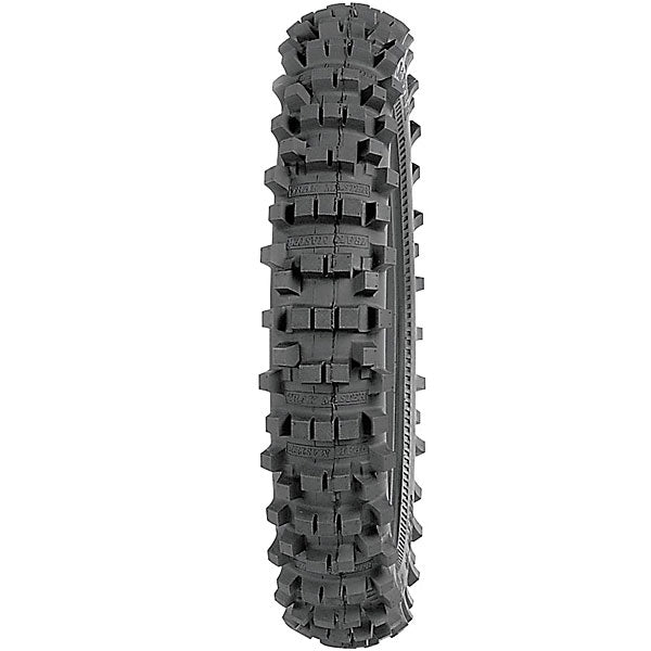 Close-up of the Kenda 3.00-12 (80/100-12) Trakmaster II dirt bike tire with K760 tread, showcasing its deep tread pattern and robust sidewall construction for enhanced cornering and performance.