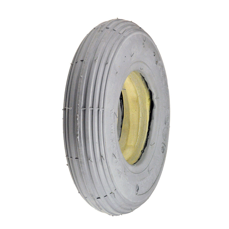 8x2 (200x50) Foam-Filled Mobility Tire with K301 Ribbed Tread, showing a close-up of the tire's ribbed tread pattern and central hole, designed for mobility scooters and power chairs.