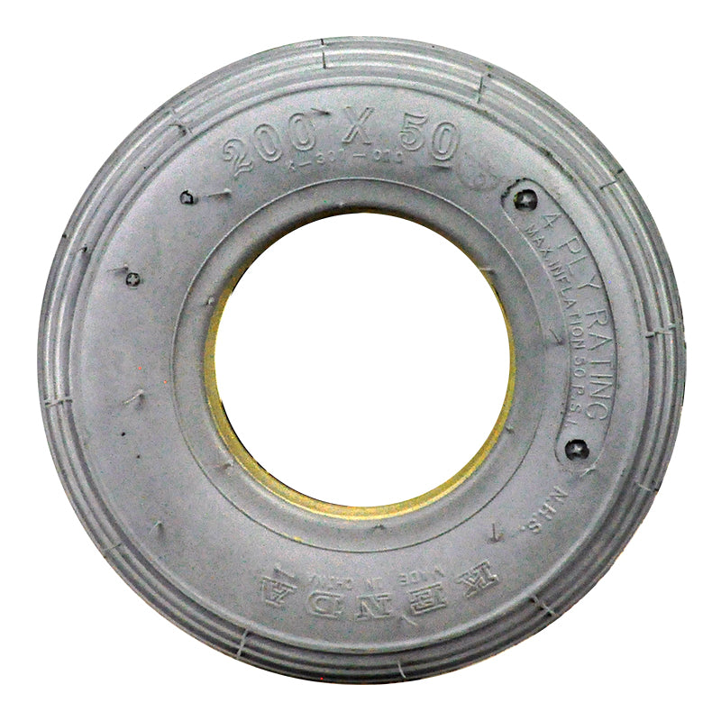 8x2 (200x50) Foam-Filled Mobility Tire with K301 Ribbed Tread, showing a white tire with a yellow center, designed for mobility scooters and power chairs using two-piece wheels.