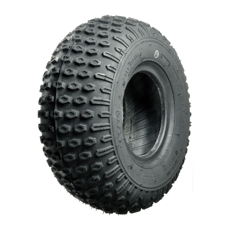 145/70-6 Scorpion Tire with K290 Tread for Baja Blitz, Doodle Bug, and Motovox Mini Bikes, showcasing a close-up view of the tire's knobby tread pattern designed for versatile terrain performance.