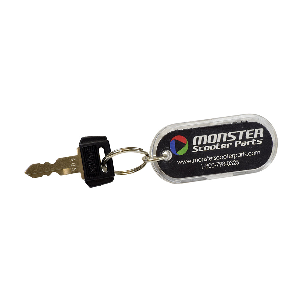 Key for the CTM Mobility Scooters 3 and 5 series (Prior to 2003) with attached key chain.