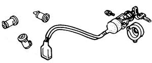 Key Switch Assembly and Lock Set for Honda Elite 250 (1989-1990 Models) (OEM), depicted in a detailed black and white drawing, highlighting the wire and lever components of the assembly.