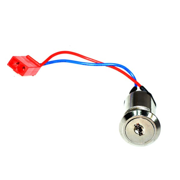 Key Switch for the Rascal MicroBalance 170 Mobility Scooter, featuring a small round metal object with connected red and blue wires, essential for integrating with existing hardware and wiring connections.