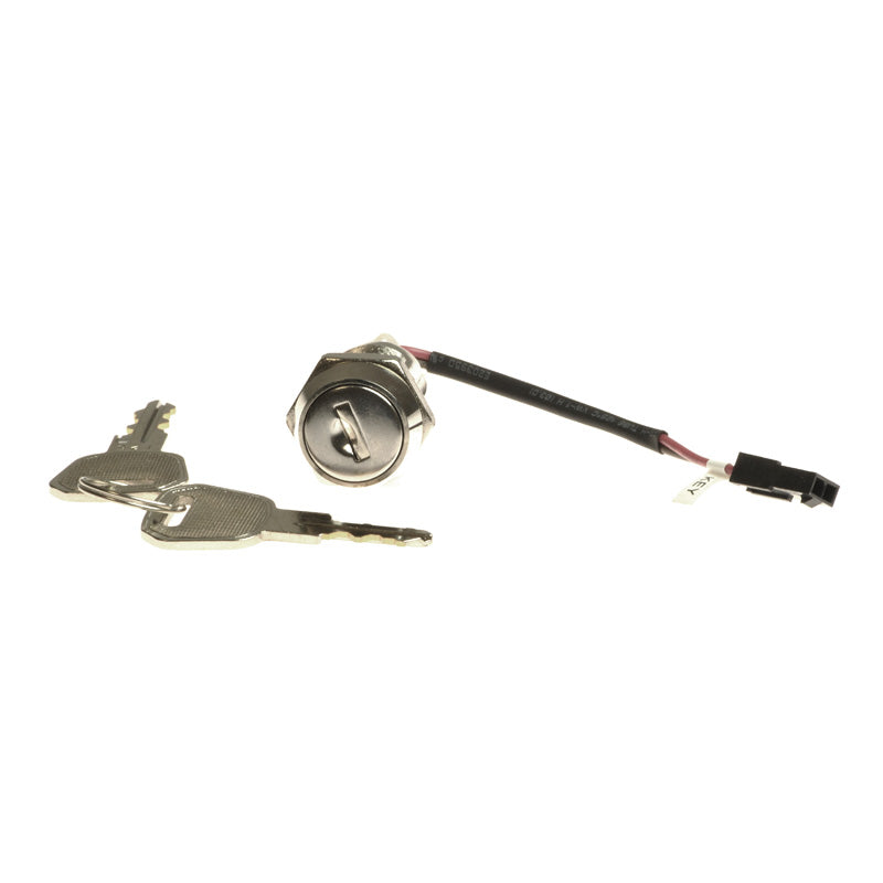 Key Switch with Keys for the Pride Revo (SC63/SC64), showing a close-up of the key lock, key chain, and attached cable, specifically designed for Revo scooters with compatible serial numbers.