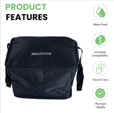 Insulated Basket Bag for Bicycles, E-Bikes, & Scooters: A black bag with green text and a strap, designed to fit inside handlebar mount baskets, featuring a zippered lid and insulated interior for temperature control.