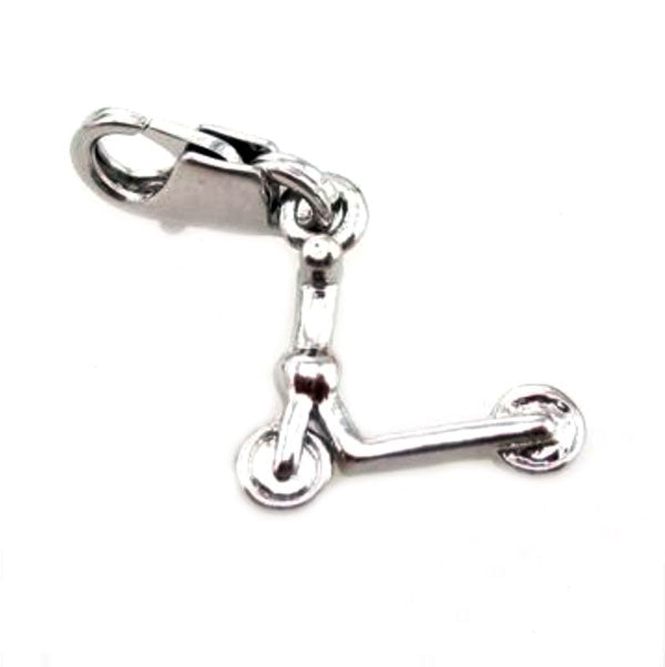 Kick Scooter Charm Zipper Pull with Lobster Clasp, featuring a detailed silver kick scooter charm attached to a practical lobster clasp, perfect for zippers or toggles.