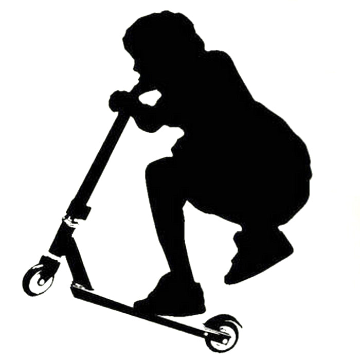 Kick Scooter Stunt Wall Sticker showing a dynamic black silhouette of a child riding a scooter, perfect for adding a playful touch to any wall. PVC, 15 x 17-3/4 (38 cm x 45 cm).