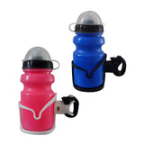 Kids Blue Bottle and Bottle Carrier: A small, blue water bottle with a black handle, perfect for young cyclists. Comes with a secure nylon carrier for mounting on standard handlebars.