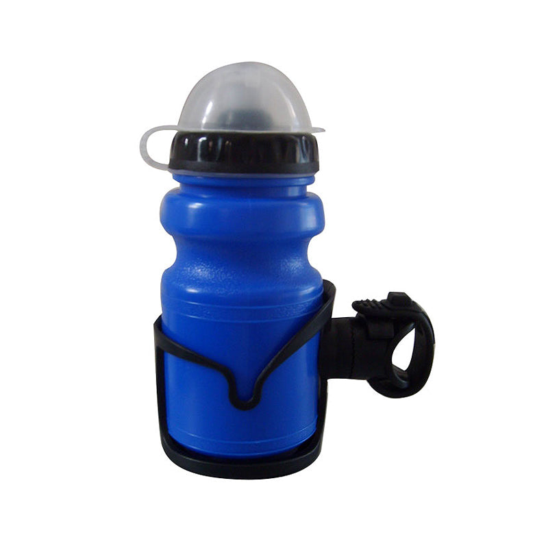 Kids Blue Bottle and Bottle Carrier from Sunlite, featuring a 10 oz. cobalt blue plastic water bottle with a black handle, designed for young cyclists and mounts to a standard handlebar.