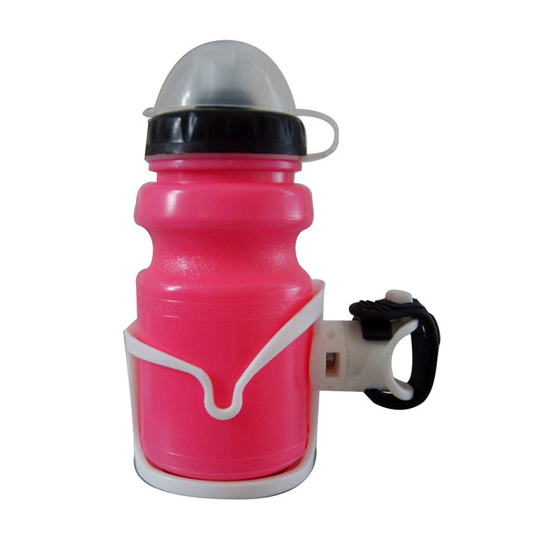 Kids Blue Bottle and Bottle Carrier: A kid-sized, pink plastic water bottle with a handle, designed for cyclists, featuring a secure nylon carrier that mounts to standard handlebars. Perfect for young riders' hydration needs.