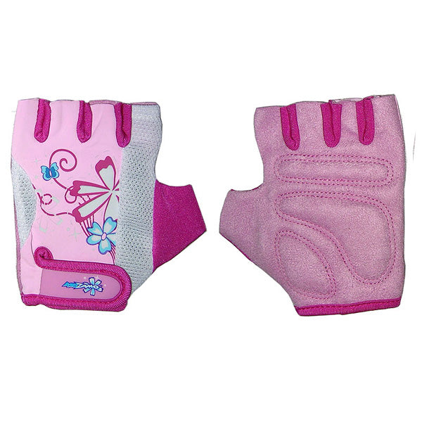 Kids' Gloves for Bikes & Scooters in pink Flowers style, featuring stretch lycra material and gel padded palms. Designed for safety and comfort, these gloves are sized LG/XLG for kids, equivalent to adult XS.