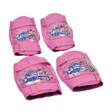 Knee & Elbow Pads Set for Bikes & Scooters. Multiple pink pads with clear plastic covers displayed, designed for child safety while riding. Matches other KidZamo safety gear like helmets and gloves.