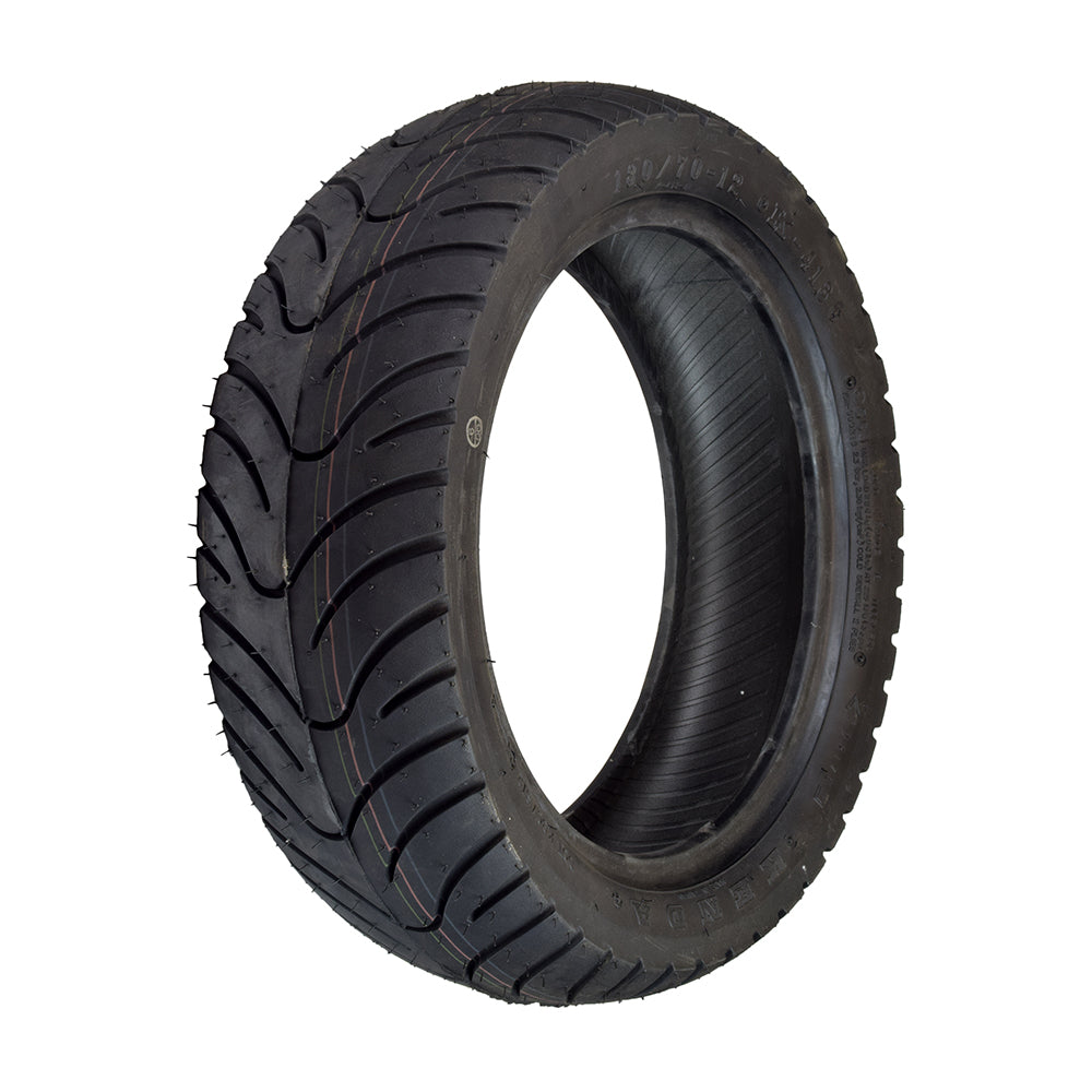 130/70-12 Performance Scooter Tire for KYMCO Agility 50 and KYMCO Agility 125 featuring a close-up of the tread pattern, showcasing its race-inspired design and 4-ply rating.