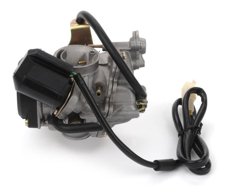 Close-up of the 19 mm Carburetor with Electric Choke for KYMCO Agility 50 50cc Scooter, highlighting intricate engine components and cable connections, designed to improve scooter acceleration.