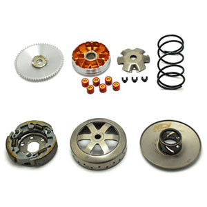 50cc Performance Transmission Kit for KYMCO Agility 50, featuring various metal parts including gears, wheels, and circular components with holes, designed for smoother operation and improved performance.