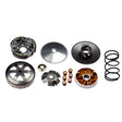 50cc Performance Transmission Kit with metal variator, clutch assembly, drive face, flywheel, roller weights, and sliders, designed for smoother CVT operation, quicker acceleration, and higher top speeds.