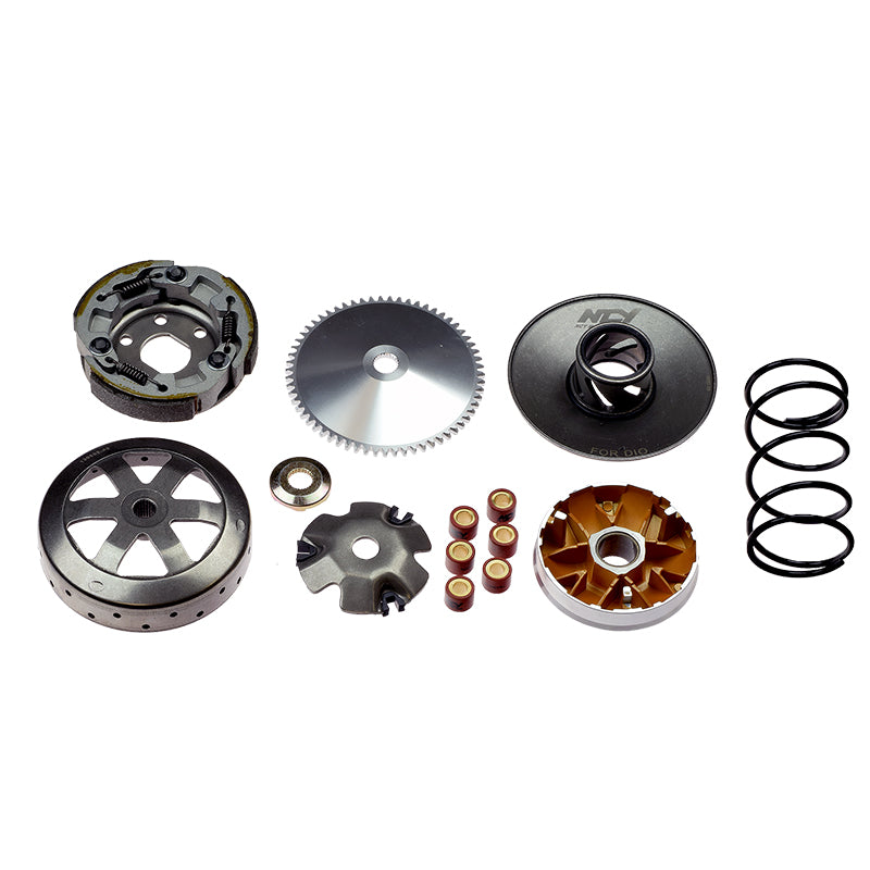 50cc Performance Transmission Kit with metal variator, clutch assembly, drive face, flywheel, roller weights, and sliders, designed for smoother CVT operation, quicker acceleration, and higher top speeds.