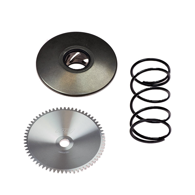 50cc Performance Transmission Kit featuring a metal gear, coil spring, and circular metal parts designed for smoother CVT operation, quicker acceleration, and higher top speeds for bikes.