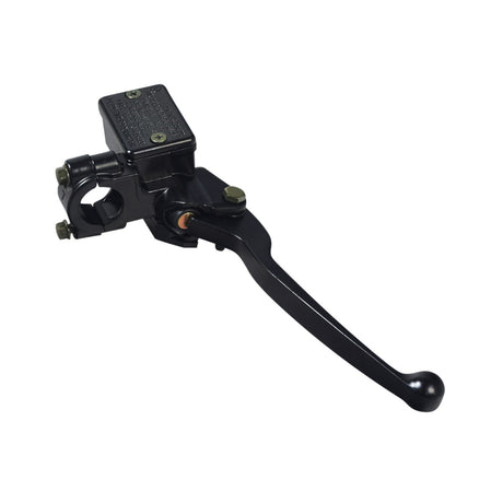 Black Right Side Brake Lever with Master Cylinder for QMB139 Scooters, featuring a black metal lever with a handle, screws, and a 2-pin brake light circuit, suitable for many modern scooter models.