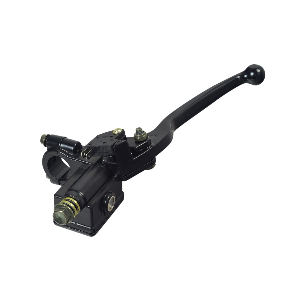 Black Right Side Brake Lever with Master Cylinder for QMB139 Scooters, featuring a black lever and integrated master cylinder with visible screws and bolts. Includes a 2-pin brake light circuit.