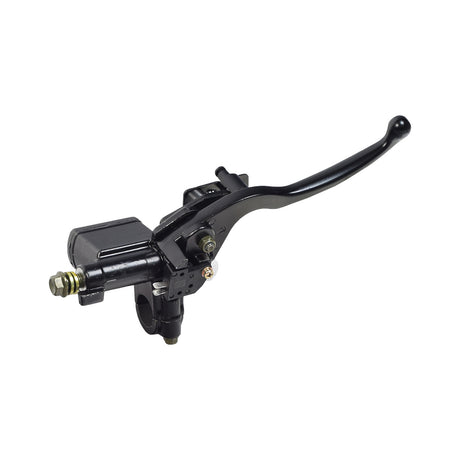 Black Left Side Brake Lever with Master Cylinder for QMB139 Scooters, featuring a black metal lever, handlebar, and a close-up of the master cylinder assembly with a sliding lock.
