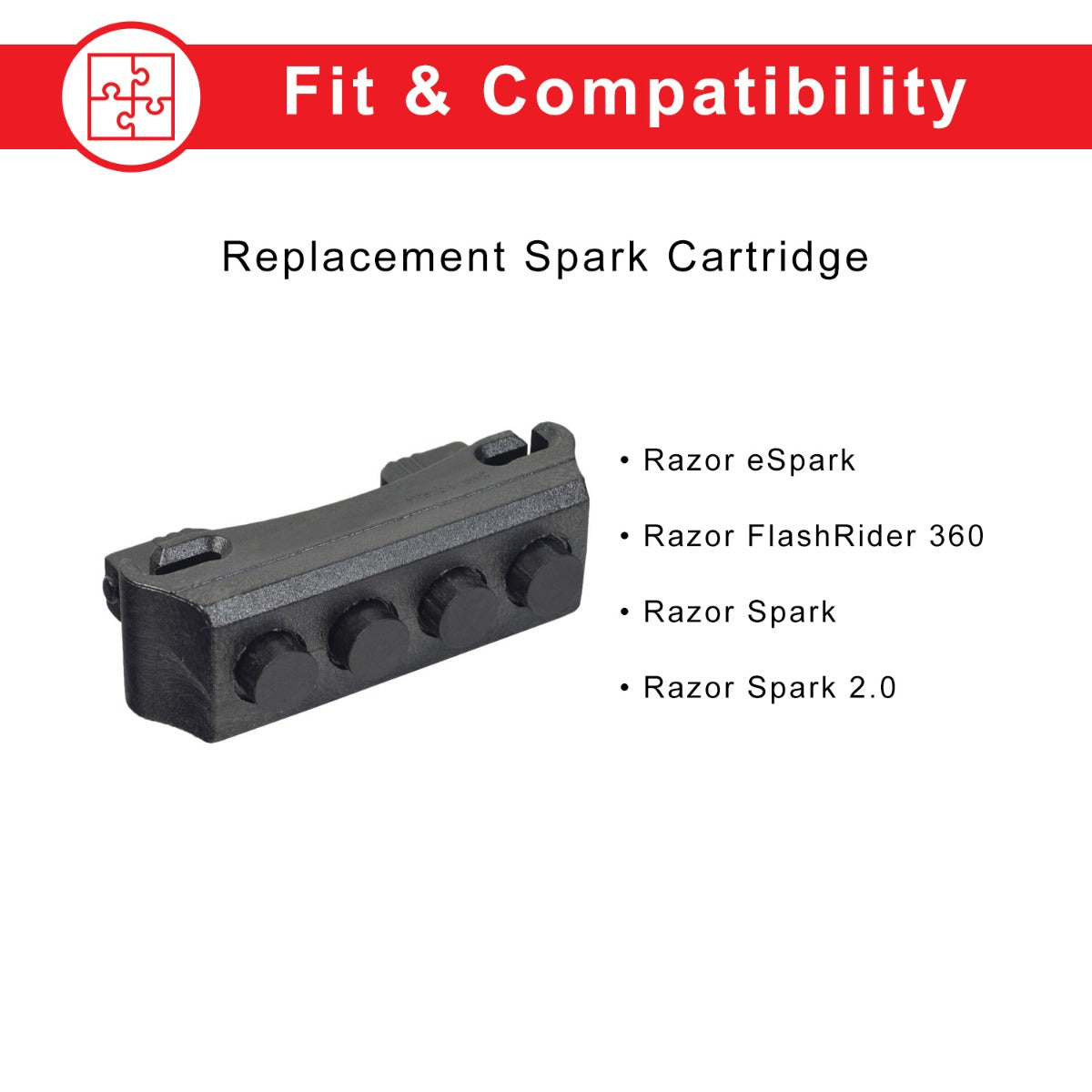 Replacement Spark Cartridge for Razor eSpark, FlashRider 360, & Spark Kick Scooters (Single Cartridge) shown with clear white text on a black casing, featuring four round buttons for easy installation.