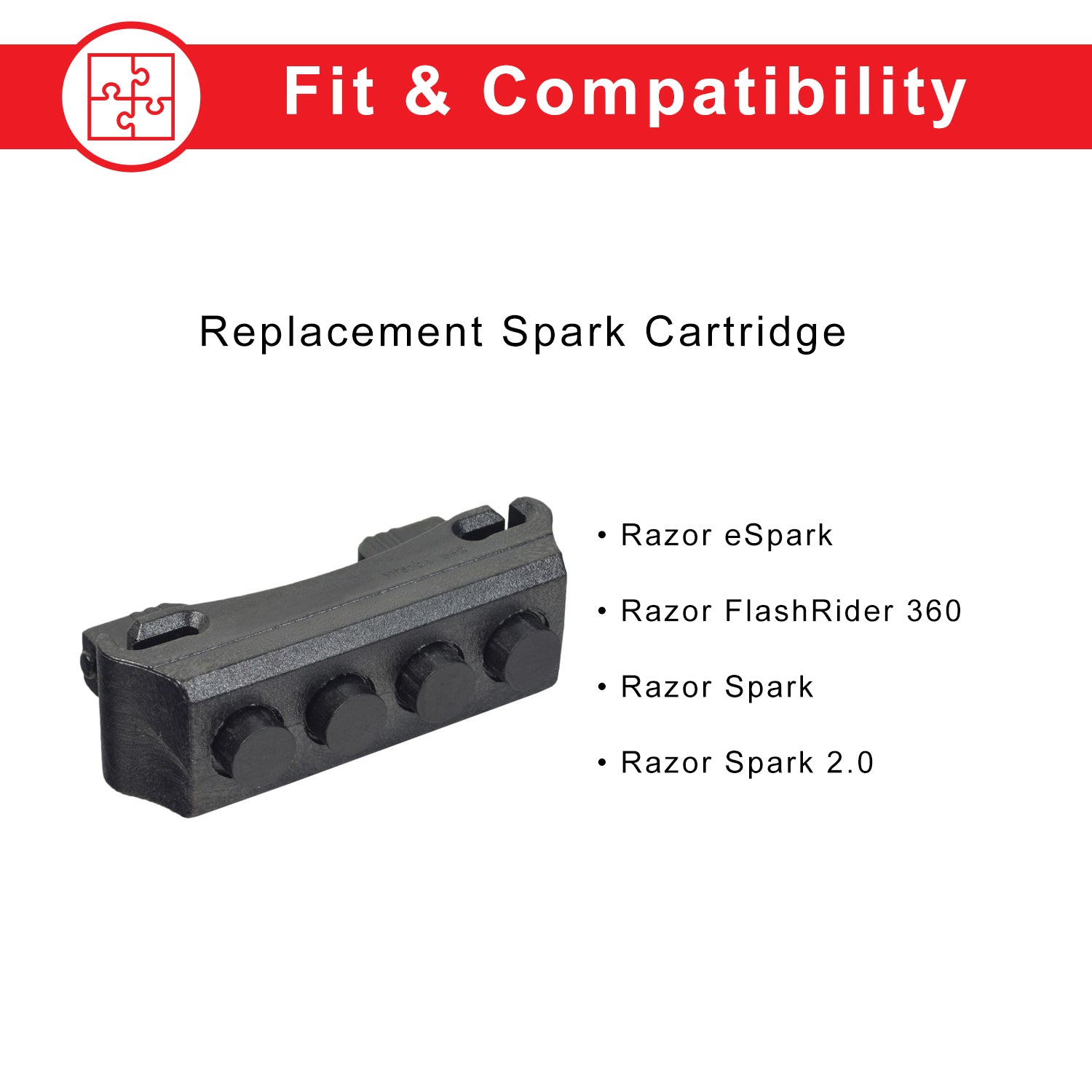 Replacement Spark Cartridge for Razor eSpark, FlashRider 360, & Spark Kick Scooters (Pack of 2) - Black cartridge with white text, featuring four round holes, designed for easy replacement.