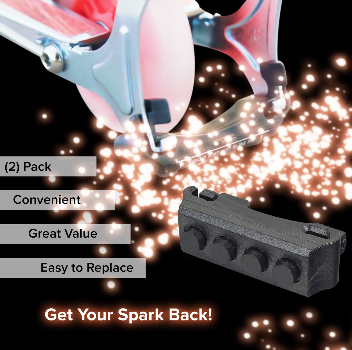 Replacement Spark Cartridge for Razor eSpark, FlashRider 360, & Spark Kick Scooters (Pack of 2), featuring a black rectangular block with four round holes and sparkly elements.