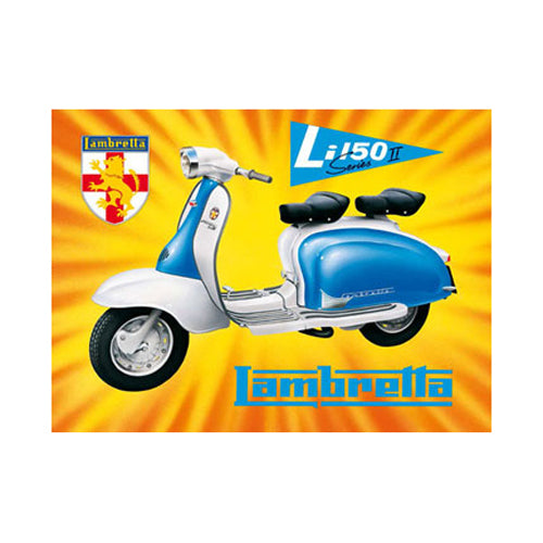 15 x 12 Lambretta Li150 Scooter Metal Sign featuring an embossed blue and white scooter design with a yellow lion on a red and white shield, pre-drilled nail holes, and high-quality artwork.