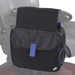 10-1/4 x 8-1/2 Large Armrest Pouch for Mobility Scooters by Case Logic, shown on a chair, featuring a black design with a blue tag, suitable for most scooters and power chairs.