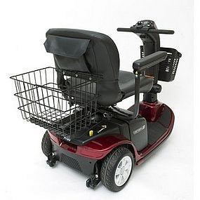 Large Square Basket with Center Support for Pride Mobility Scooters, features a wire design and mounts on the rear of the scooter, enhancing storage capacity for mobility aids.