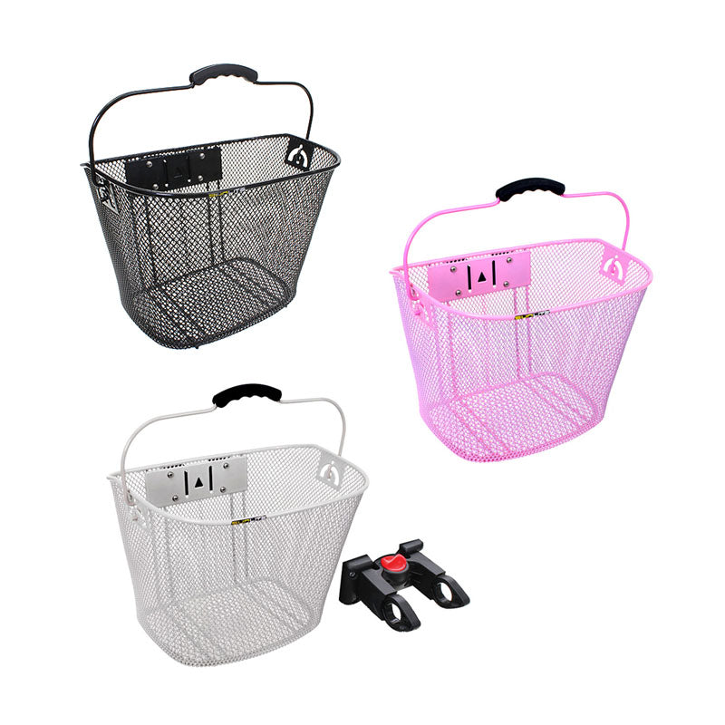 Large Basket with Quick Release attached to bike handles, grouped with other baskets. Ideal for scooters and bicycles, providing practical storage.